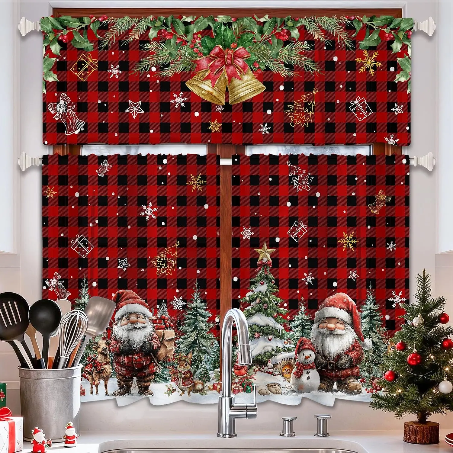 Christmas Kitchen Curtains Valances Set 3 count, Buffalo  Red Santa Claus Xmas Kitchen Decor for Bahtroom, Laundry Short Curtains 54" w x 36" L and 27" w x 36”L
