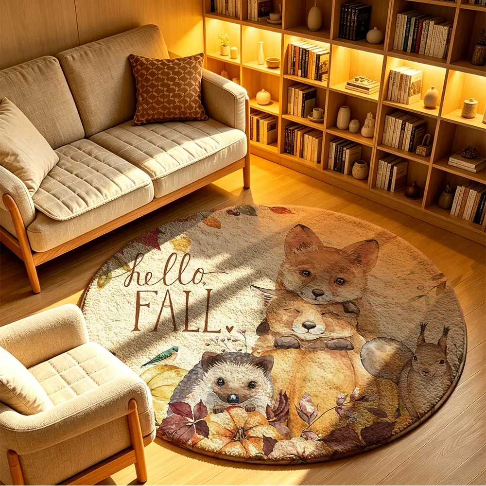 Hello Fall Black Cat Pumpkin Maple Leaf  Round Area Rug, Machine Washable Large Floor Mat for Entrance, Living Room, Dining Room, Bedroom, Balcony, Study, Soft Non-Slip Fashion Home Decor Carpet
