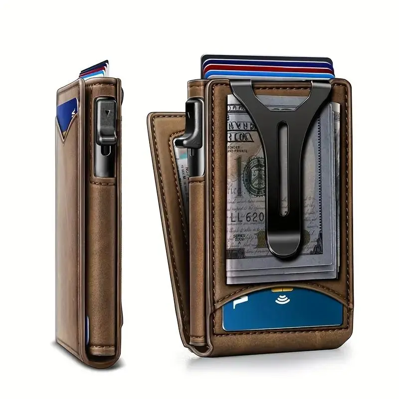 Metal Money Clip 9 Card Slots Holder Wallet Smart Wallet for Men, Mens Minimalist Pop Up Wallet with ID Window, Front Pocket Wallet for Men