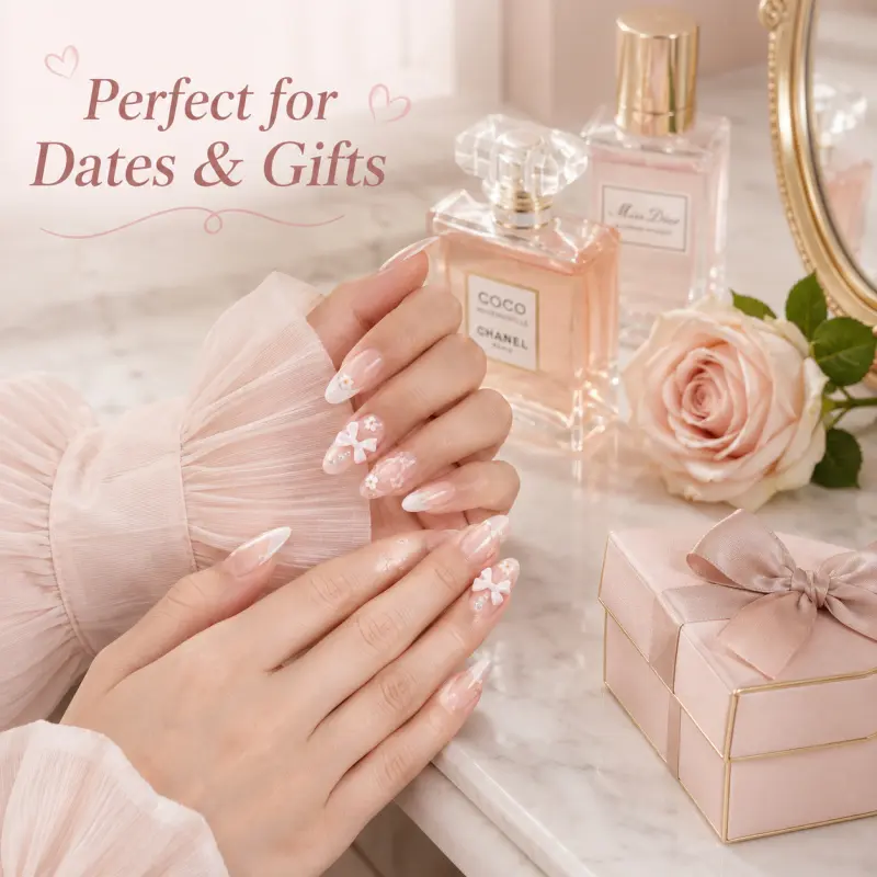 24PCS Reusable Short Almond Abs Resin Press-On Nails, Sweet Coquette French Tip Design with Bow and Pearl Charms for Dates, Parties