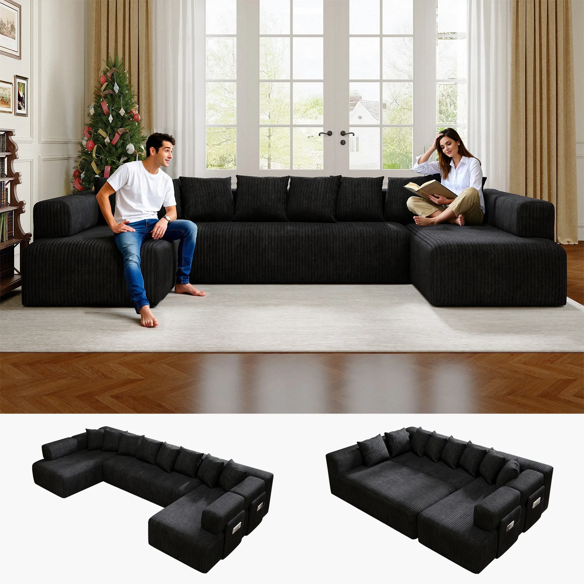 146.5in U-Shaped Cloud Modular Sectional Sofa in a Box, Oversized Boneless Double Chaise Couch, Deep Seat Memory Foam, No-Assembly Indoor Living Room Furniture