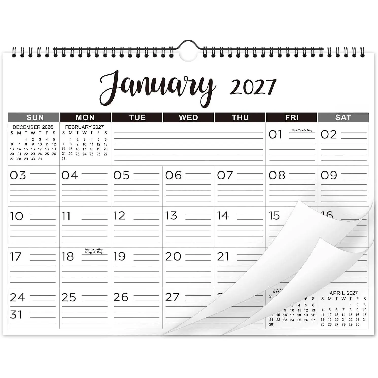 2027 Wall Calendar, 15"x11.5" Jan-Dec 2027 Office Stationery, Thick Paper, Wire Binding, Hook Mount, Ruled Blocks with Julian Dates, Classic Black