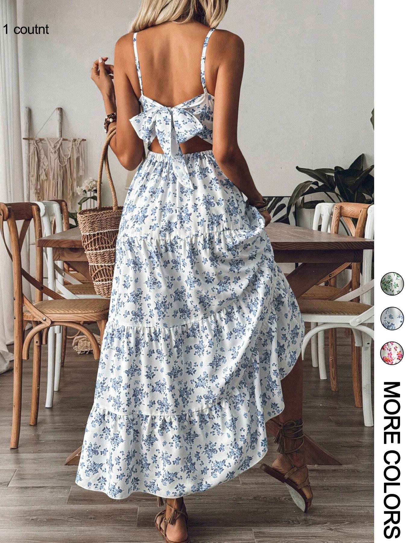 1pc Women's Floral Tiered Maxi Dress, Spaghetti Straps & Back Cutout Bow Detail & Flowy Tiered Skirt & Lightweight Material & Multiple Floral Patterns & Frill Ruffle Hem, Floral Print Dress