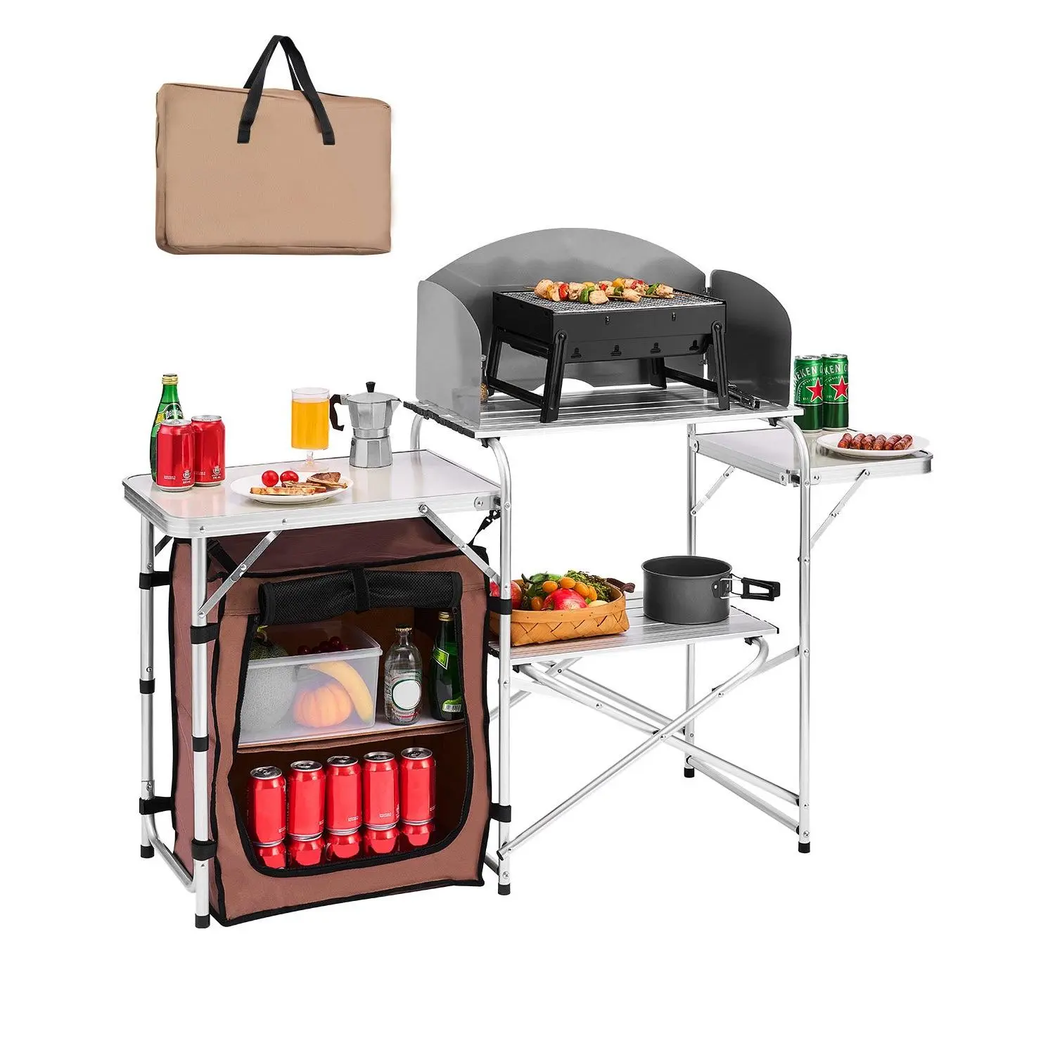 【toolupgrade】VEVOR Outdoor 2-Tier Kitchen with Zippered Bag, Portable Folding Cook Table for BBQ, Party and Camping, Brown