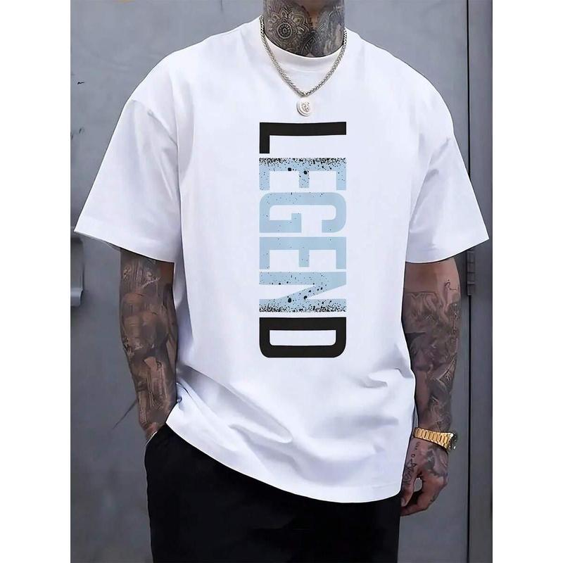 Men's Casual LEGEND Print Crew Neck Short Sleeve T-Shirt - Black With Blue Lettering,100% Cotton