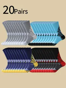 20 Pairs Men's Socks, Non-Slip Long Tube Soccer Socks, Professional Running Towel Bottom Socks, Outdoor Hiking Socks, Moisture-Wicking