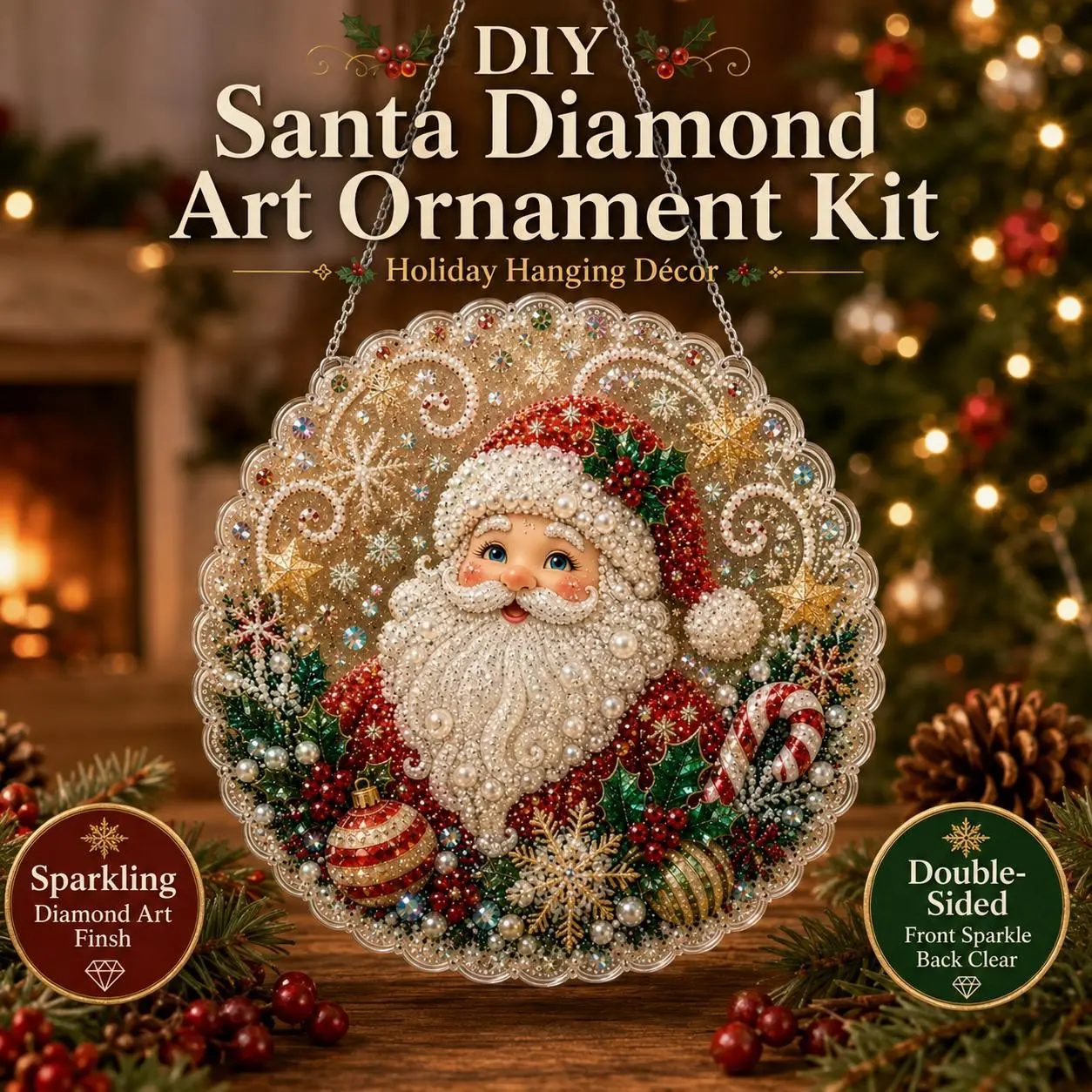 DIY Diamond Painting Santa Hanging Ornament Kit, Shiny Colorful Gem Art Craft Set, Christmas Festive Hanging Pendant for Christmas Tree, Window & Home Decoration, Holiday Gift Set, Size: 20cm × 20cm (7.87in × 7.87in)