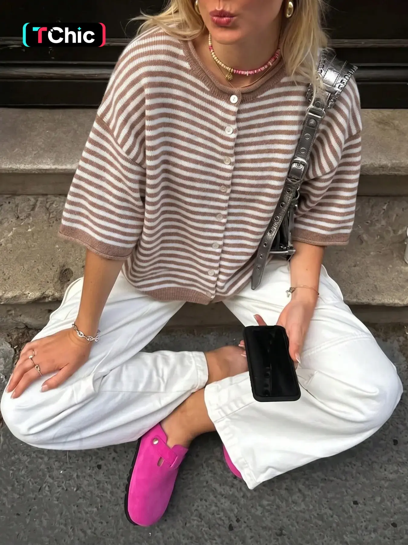 Women's Casual Striped Knit Top, Five-Quarter Sleeve Button Front, Loose Fit, Spring Summer Fall, Street Style, Date Night, Fall Knitwear