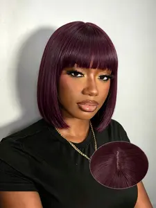 Human Hair Mixed Color Bob Fringe Wig, 10 Inch Short Wig with Adjustable Breathable Cap, Elastic Band Effortless Wear for Women Everyday Wear