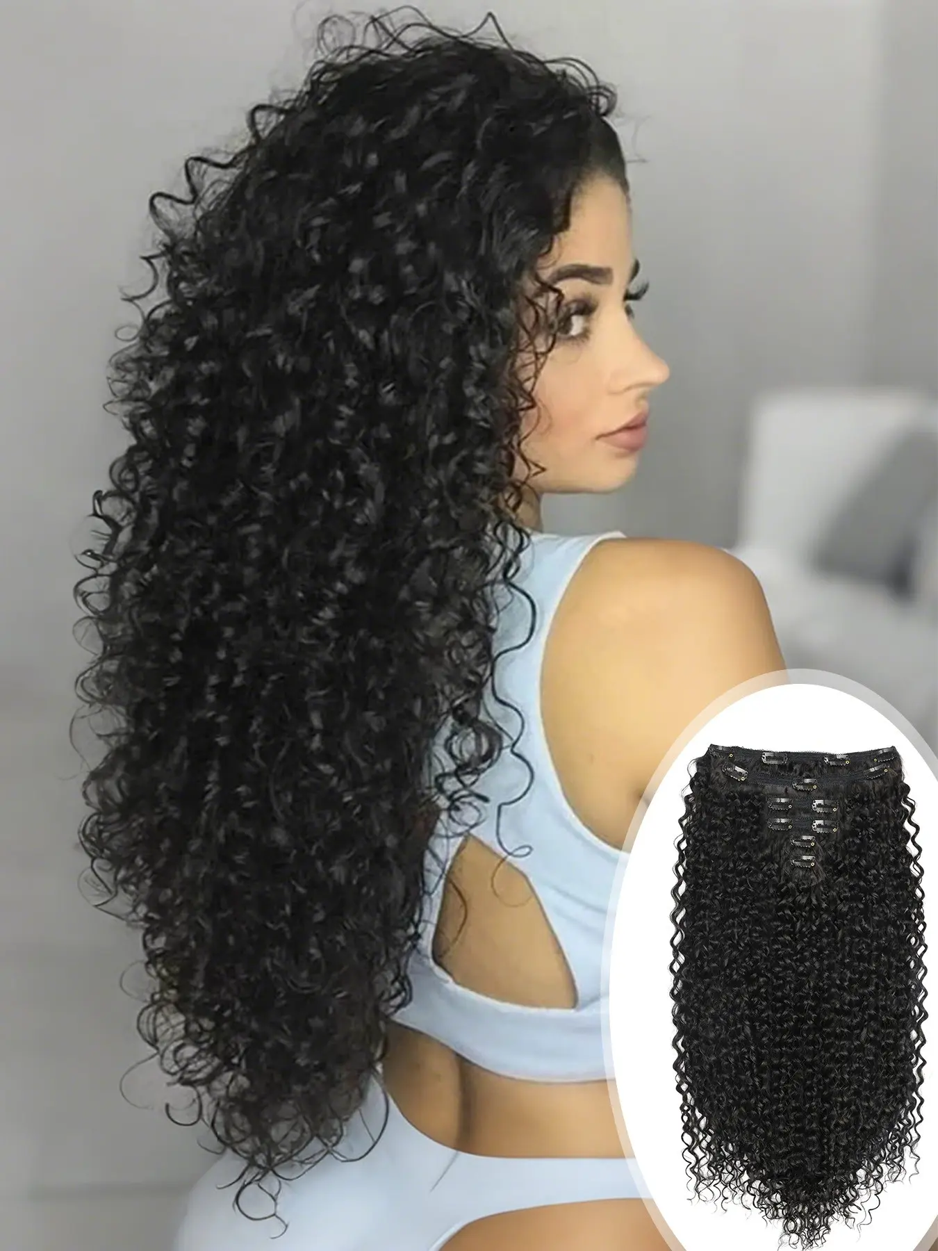 6-Piece 160Grams Kinky Curly Clip-In Hair Extensions, 26 Inches Synthetic Jerry Curl, Pure Color, All Seasons, Japanese Protein Organic Ice Silk