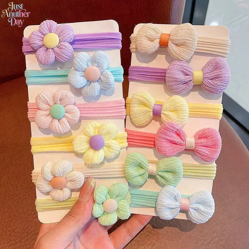 12Pcs Cute Bow Flower Kids Terry Cloth Hair Ties Soft No Hurt Elastic Rubber Bands Macaron Color Girls Ponytail Hair Bands Toddler Children Daily Party Photograph Hair Accessories