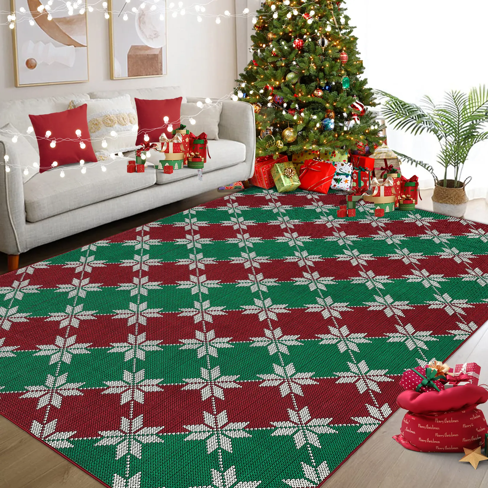 Christmas Area Rug, Low Pile Machine Washable Carpet, Indoor Mat Non-Slip Red Snowflake Rug for Entryway Bedroom Living Room