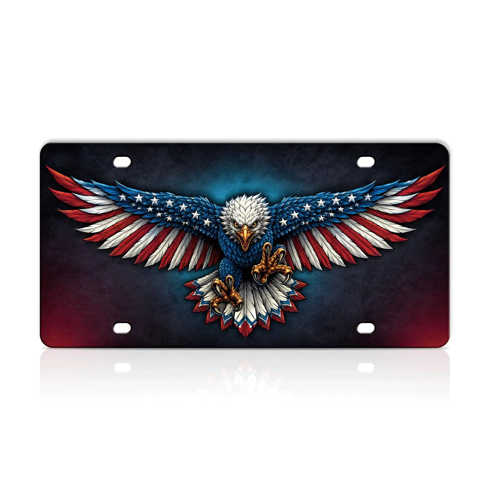 Decorative front license plate, aluminum vanity tag for cars, novelty metal car plate with 4 holes, 6x12 inch vehicle decor accessory for car and truck, garage display—American flag eagle flying
