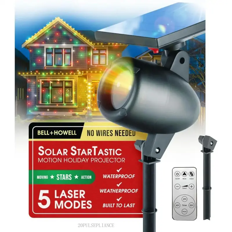 Solar Wireless Christmas Lights Show Projector, LED Solar Outdoor Christmas Decorations Without Wires for Easy Installation, Auto-On, Remote Control, Waterproof, 5 Modes, for House, Party20PULSEPLIANCE