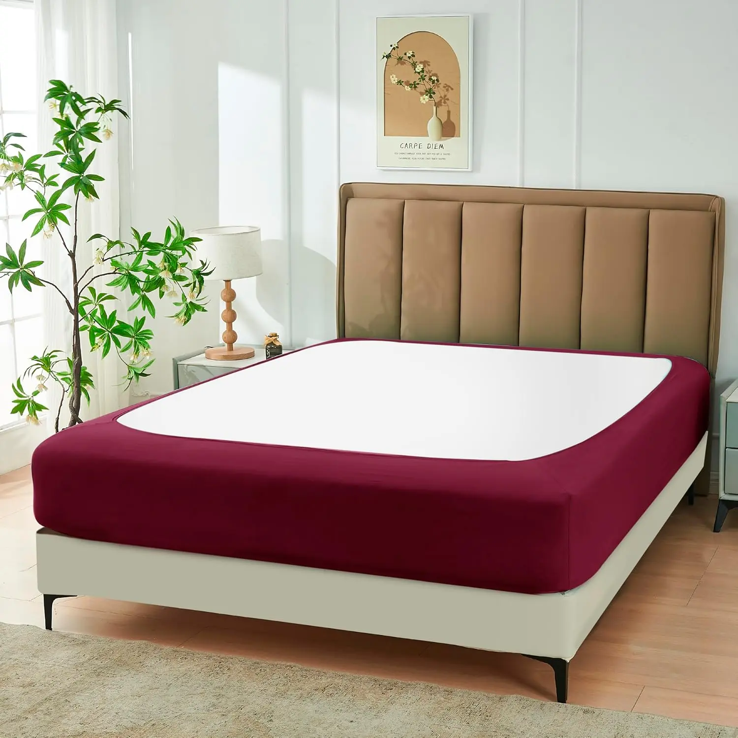 Burgundy Luxurious Jersey Spandex Blend Bed Skirt - King & Cal King Size, 4-Side Wrap-Around Stretch Fit Cover, Wrinkle-Free, Fade-Resistant, Machine Washable for Home Hotels, Luxury Look