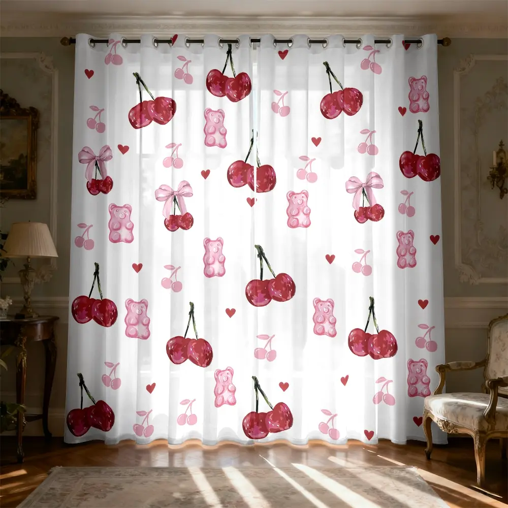 2 Panels Cute Red Cherry Pink Bear Heart Light Filtering Curtains, Brushed Fabric Digital Print Rod Pocket Window Drapes for Living Room, Bedroom, Study Room Home Decor