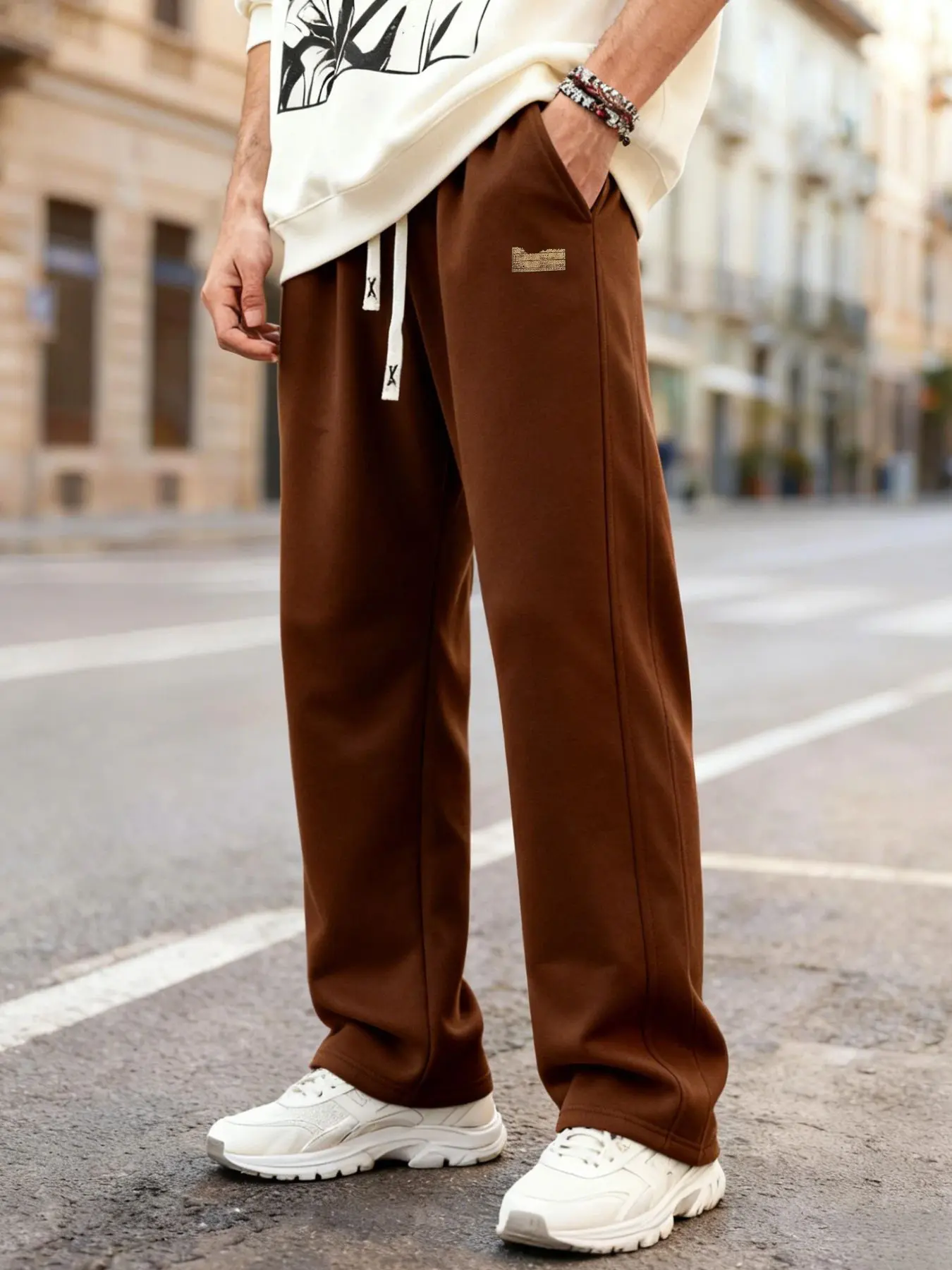 Men's Casual Sports Pants, Elastic Drawstring Waist & Flat Hem Design, Fashion Versatile Straight Leg, Gym Running Sportswear