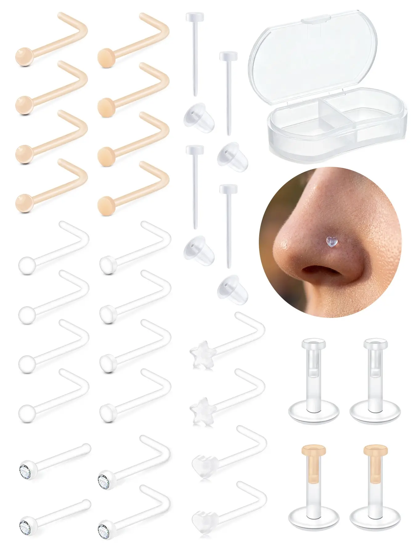 32pcs Clear Nose Stud Piercing Retainer Set with Storage Box Bioflex Plastic L-Shape Nose Piercing Jewelry Cartilage Helix Invisible Flat Back Earring for Women Men Sport Surgery Work Back to School Gift