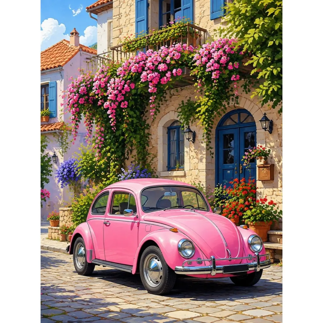 High-definition full diamond painting DIY kit, pink vintage beetle car mediterranean stone house bougainvillea flower street scenery square diamond mosaic cross stitch handmade gift, home wall decoration holiday birthday handmade present gift