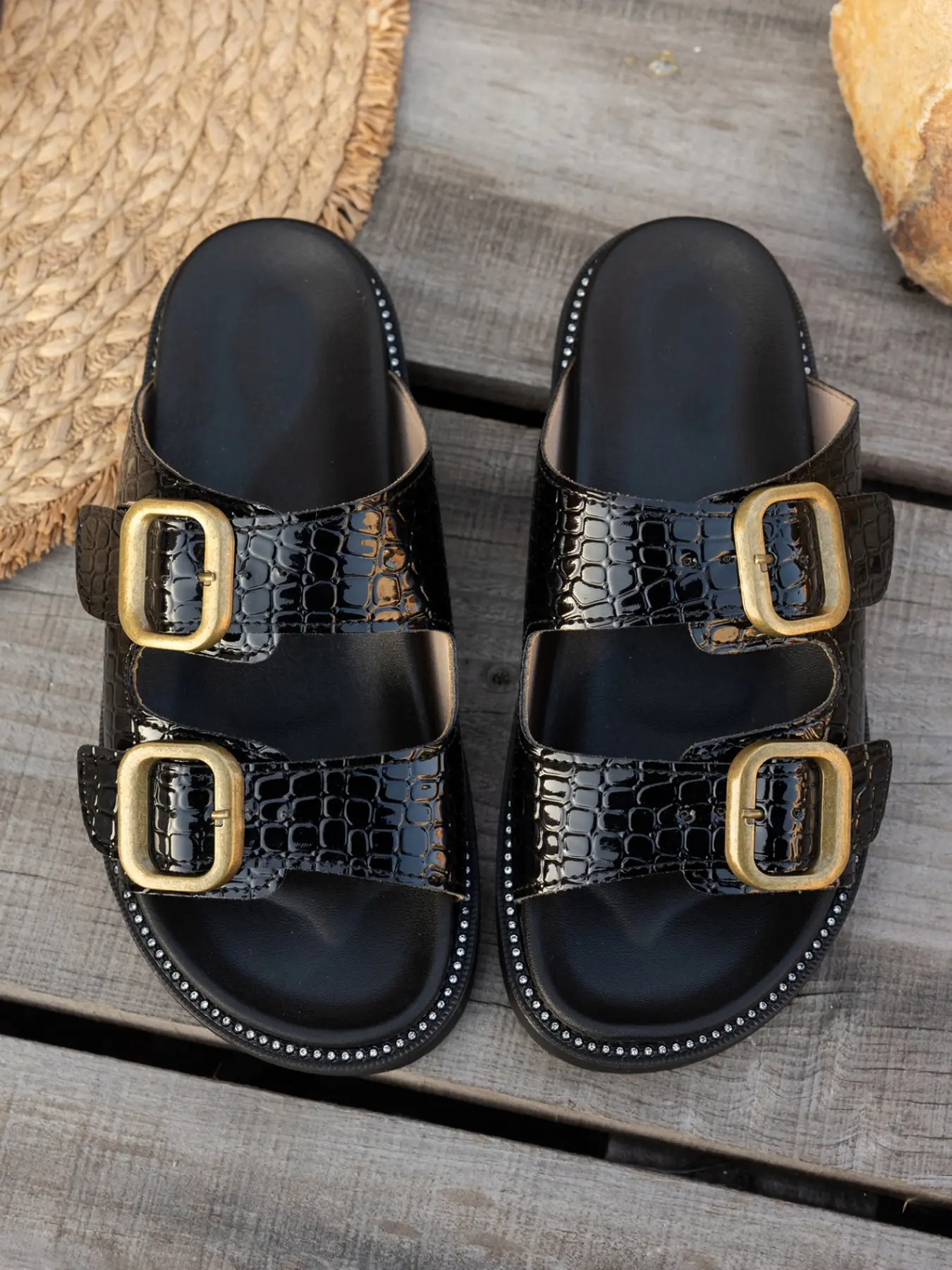 Women Croc Embossed Dual Metal Buckle Rhinestone Trim Platform Slide Sandals Trendy Adjustable Wide Strap Slip On Open Toe Cushioned Footbed Summer Footwear Beach Travel Daily Street Casual Outfits 2 Colors Glossy Black Off White
