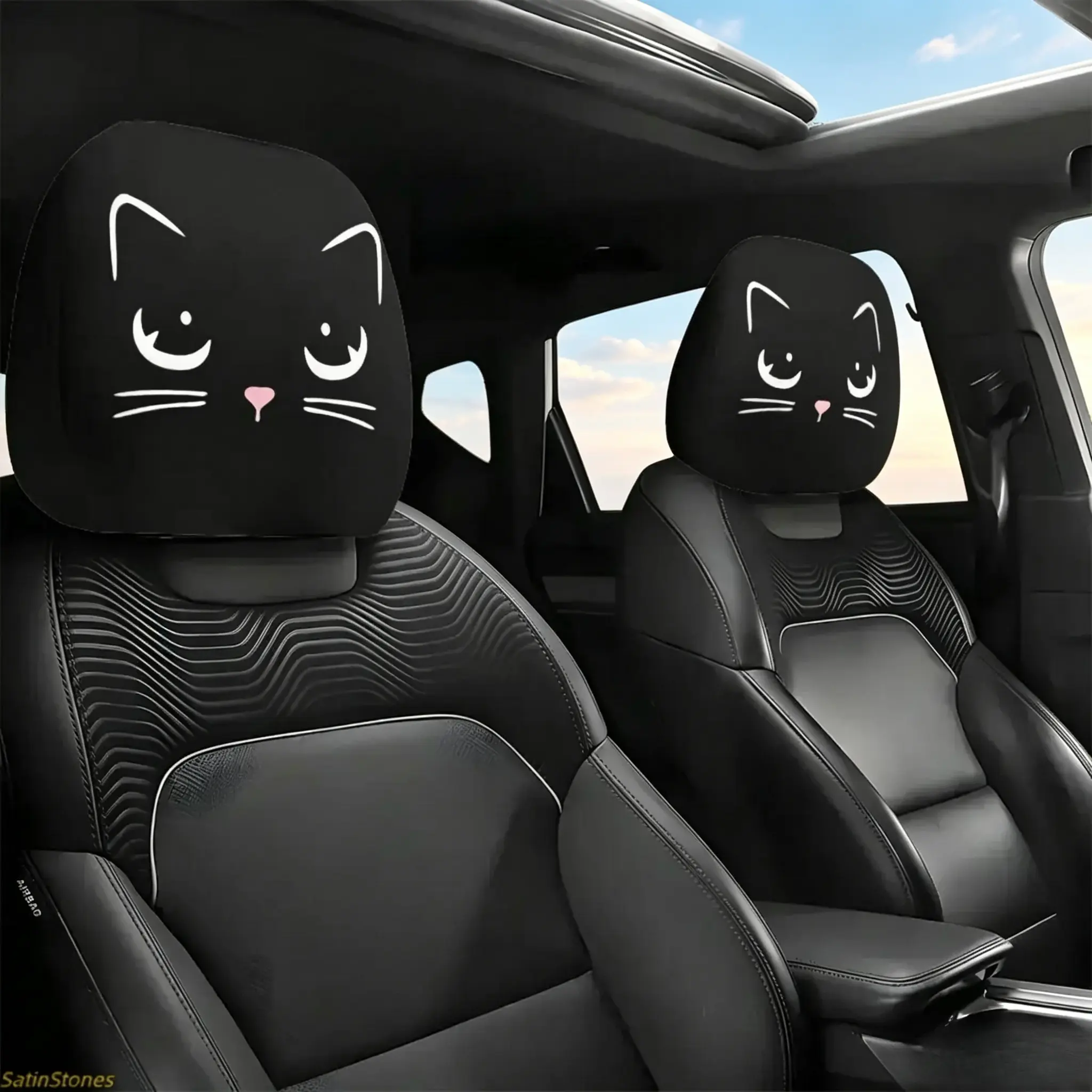 Sohochic 2-Pack Cute Cartoon Cat Car Headrest Covers - Breathable Fabrics, Easy Install, Neck Support, All-Season Universal Fit for Most Cars, Perfect Halloween Gift for Cat Lovers, Comfortable Fashion Accessory