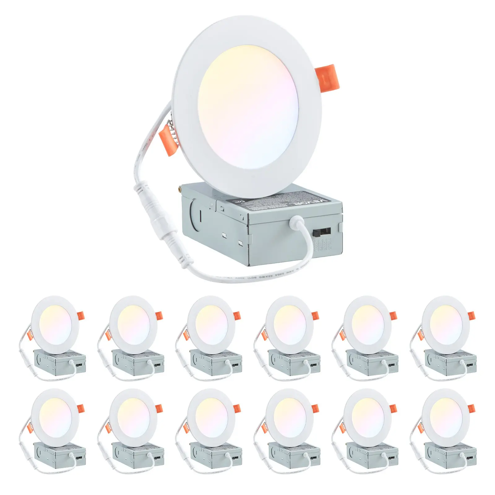 VEVOR 12 Pack 4 Inch LED Recessed Ceiling Light, 5CCT, Ultra-Thin Canless Wafer Downlight with Junction Box, 2700K/3000K/3500K/4000K/5000K Selectable, 800 LM High Brightness 9W 120V, for Home Lighting