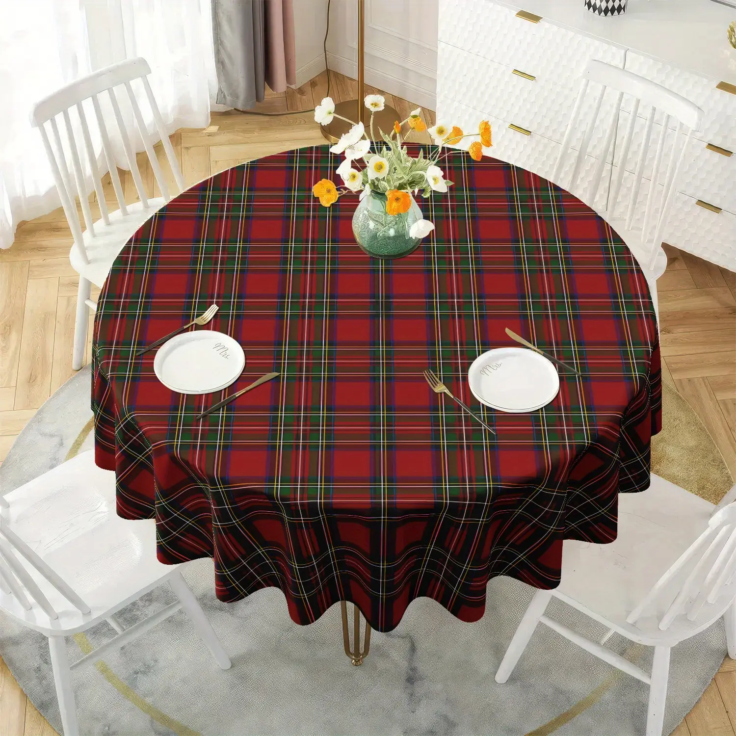 Durable Polyester Round Checkered Tablecloth - Red & Green Buffalo Check Indoor/Outdoor Table Cover for Holidays, 2 Sizes All-Seasons Festive Decor for Kitchen & Dining Room
