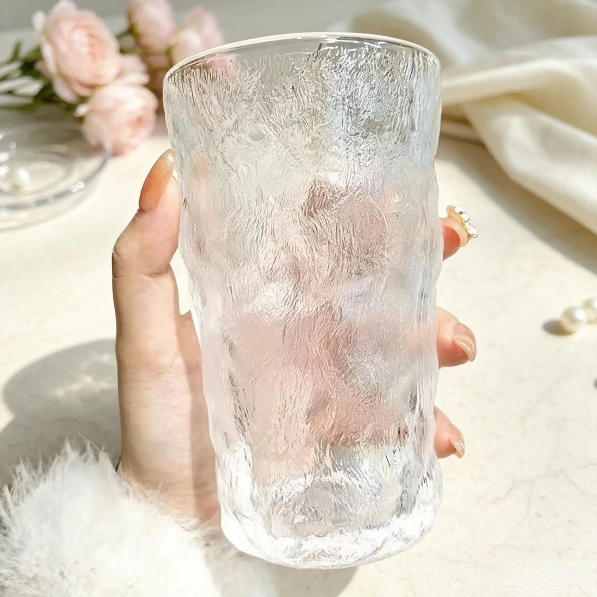 Glacier Pattern Glass Cup 350ML, Durable Textured Drinkware, Smooth Rim, Stable Base, Comfortable Grip, Freezer Safe, Ideal for Home, Kitchen, Parties
