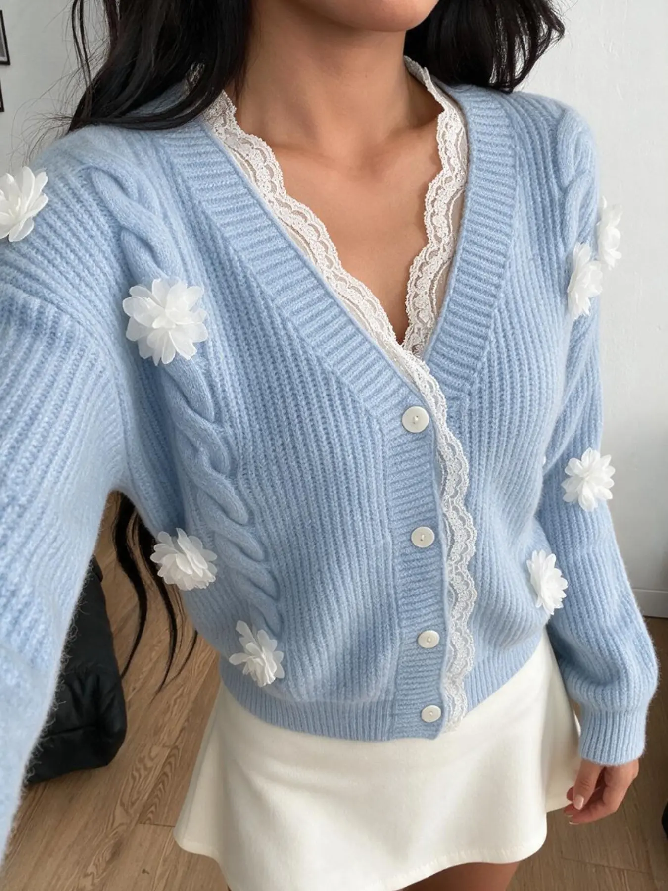 Women Sweet Girly Loose Knit Cardigan, Baby Blue Cable Twist Fabric 3D White Flower Decor V Neck Single Breasted Long Sleeve Soft Daily Sweater Coat