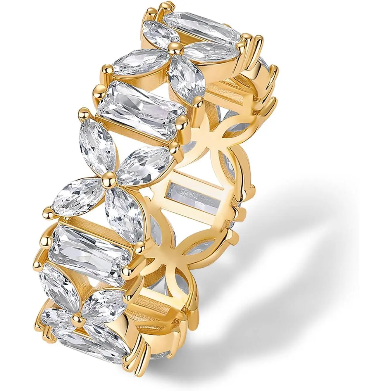 Gold Plated Marquise Eternity Rings for Women - Cubic Zirconia Chunky Stackable Wedding Ring - Statement Baguette CZ Gold Wedding Bands for Women - Promise Band Bridal Jewelry