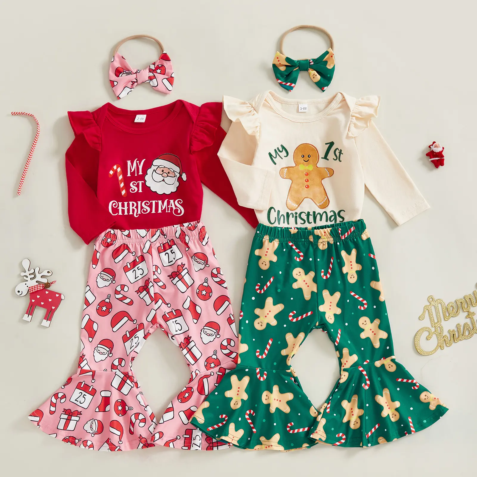 Newborn Baby Girl Christmas Outfits Gingerbread/Santa Print Long Sleeve Romper Flare Pants Headband 3Pcs My 1st Christmas Clothes Sets 0-18M