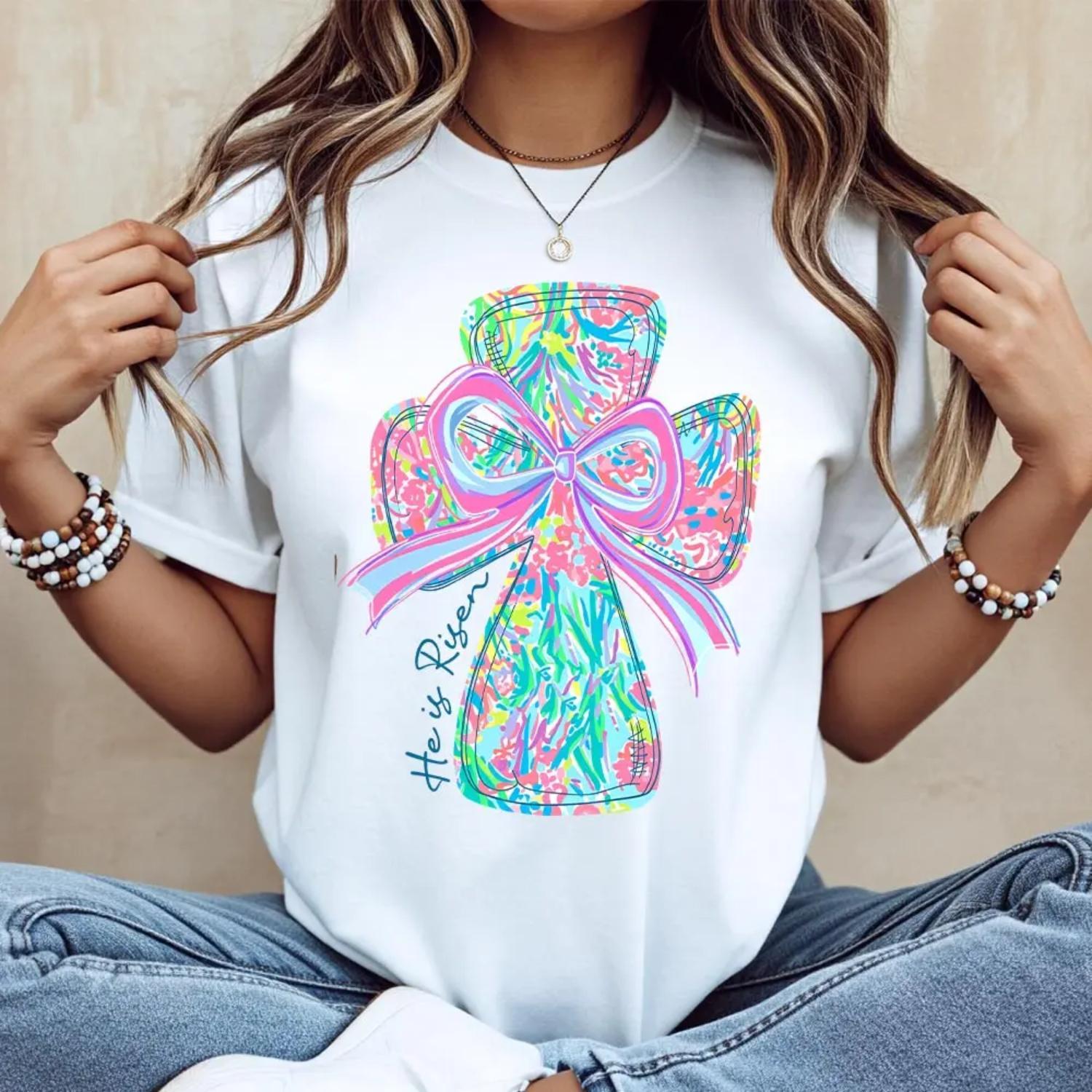 Casual Cotton Short Sleeve Round Neck TShirt with Vibrant Cross and Bow Design Featuring  He Is Risen Printed Graphic Tee Machine Washable