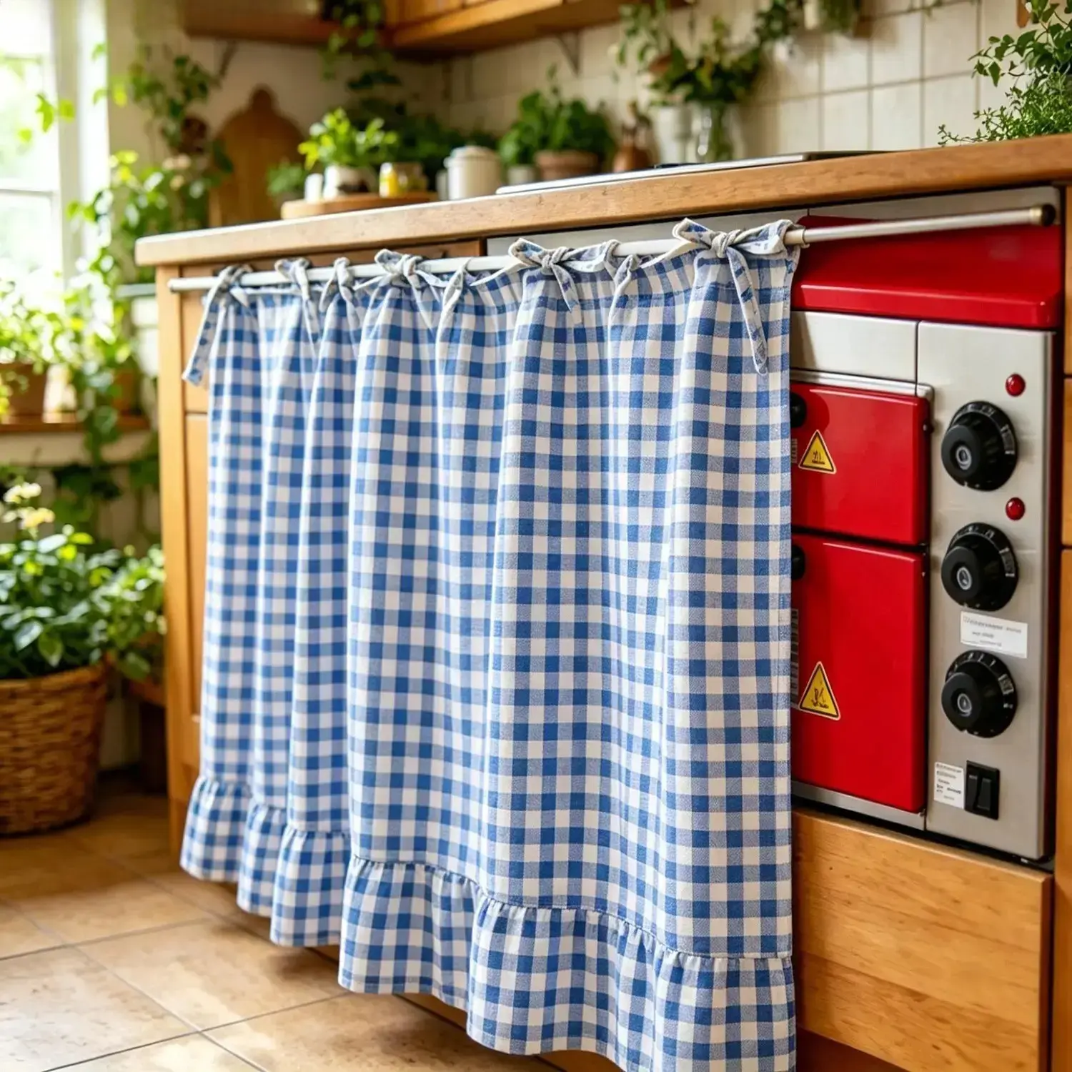 【SummerWins】2026 Farmhouse-Style Stove Curtain Set, Plaid Check Tiered Curtains with Ruffled Edge, Short Valance for Home Kitchen Dust Cover Decor, Floral Design