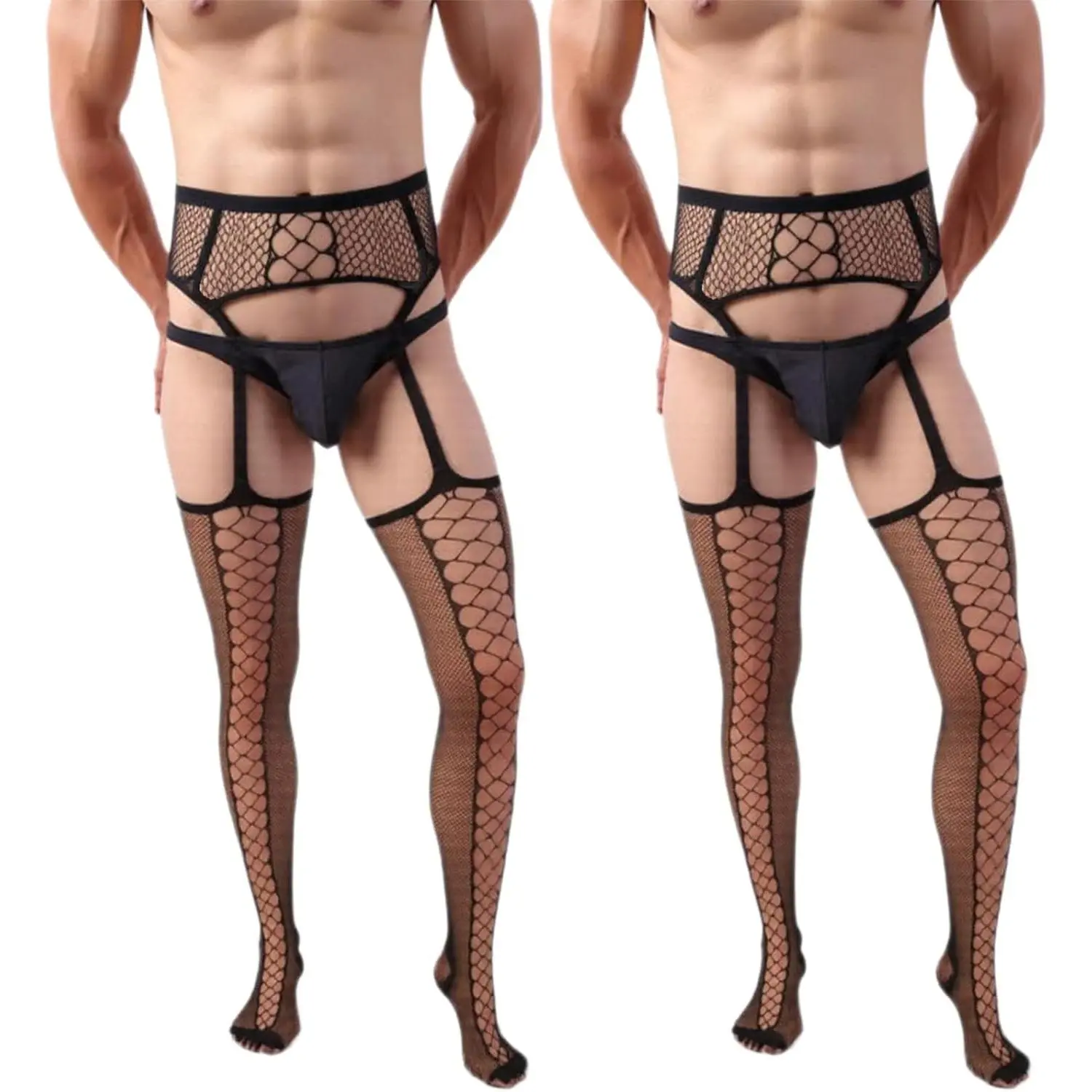 2pcs Men's Fishnet Thigh High Stockings - Lace Tights with Suspender, Pantyhose for Man