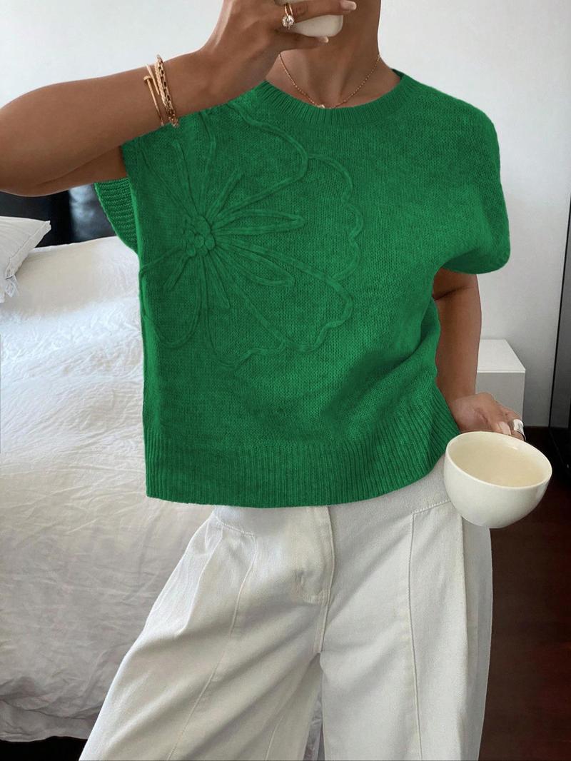 Elegant Round Neck Knit Top for Women, Spring Summer Loose Fit Sweater Vest, Casual Plain Pattern, Stylish Pullover Jacket