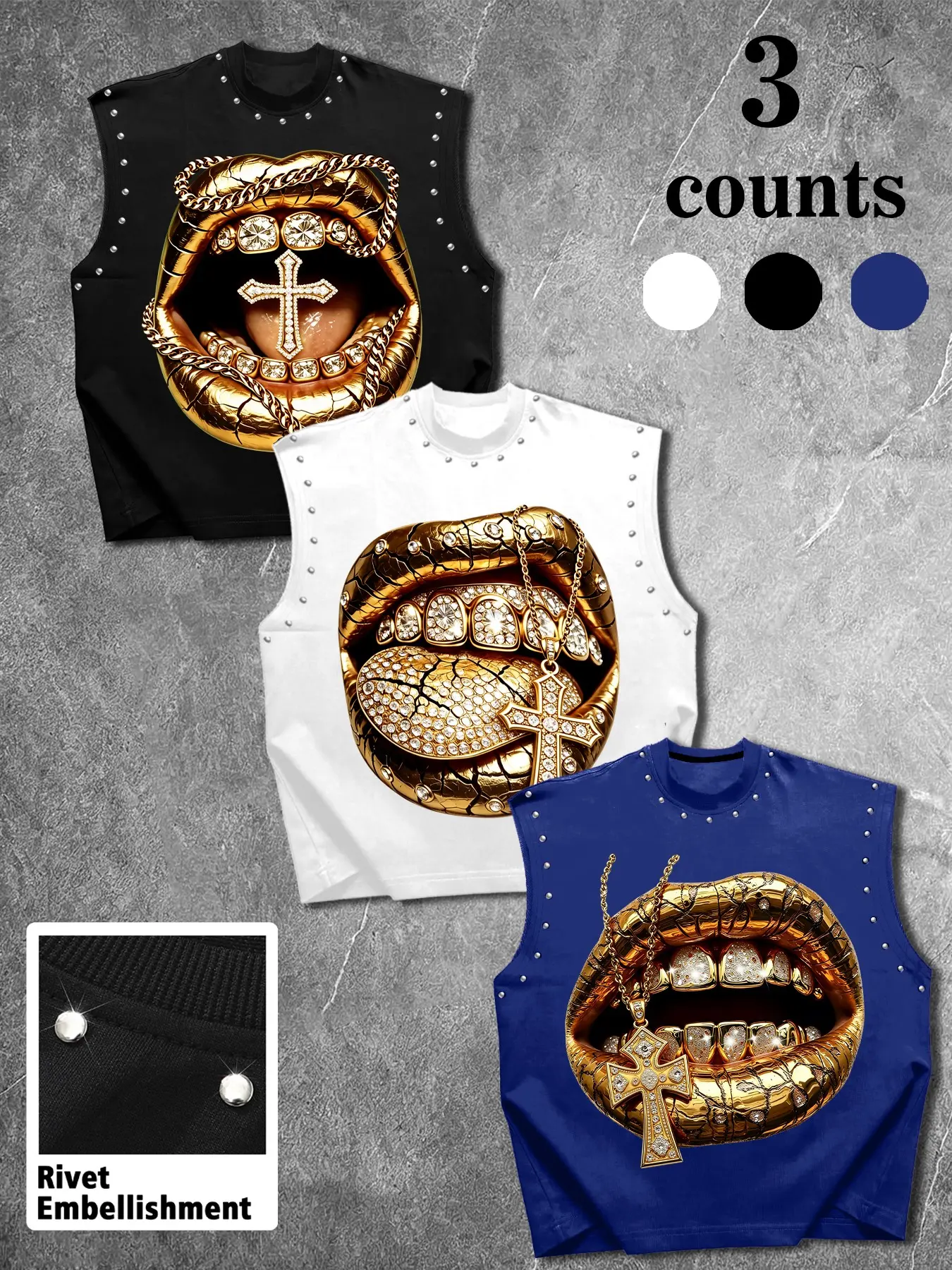 Men's Retro Street Style Rivet Sleeveless Vest, Hip Hop Gold Lip Cross Chain Print, Breathable Summer Casual Wear, Y2K Fashion