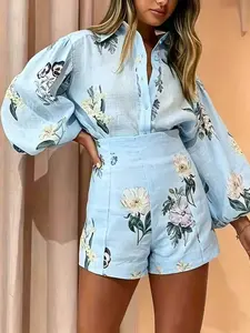 Light Blue Floral Print Lantern Sleeve Shirt and Mid-Waist Shorts Set, Summer European Style Vacation Linen Casual Clothes