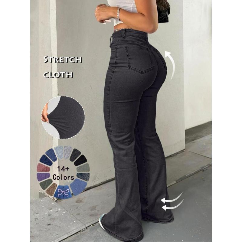 Women's High Waist Flare Leg Jeans, Casual Button Fly Pocket Design Bell Bottom Denim Trousers for Fall & Winter, Women's Bottoms for Daily Wear, Women Jeans fashion nova tall Womenswear Pants Streetwear Skinny Basic Light Wash Minimalist
