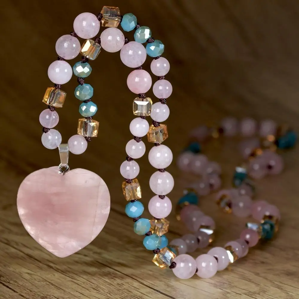 Rose Quartz Bag Charm & Long Sweater Necklace for Women, Minimalist Hand-Knotted Pendant for Everyday Gentle Wear, Adjustable, Heart, Natural Stone, Anniversary, Heart Shape, Jewelry Lovers, Attracts Love, Layered Look, Emotional Healing, Daily, Healing E