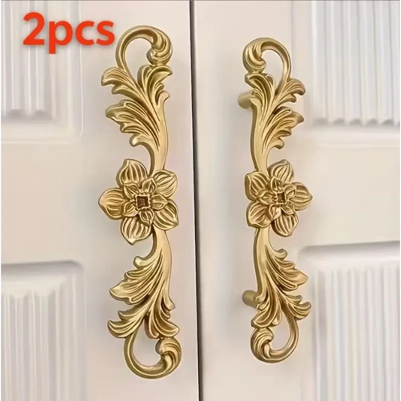 2pcs brass double-hole drawer handle, retro Ornamental European neoclassical handle Chinese wardrobe door handle.
