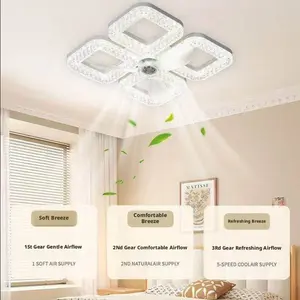 Ceiling Fan with LED Light E27 Screw Base, Modern Simple Crystal Ring, Bedroom Dining Room Kids Student Dorm Room Study Fan Lamp