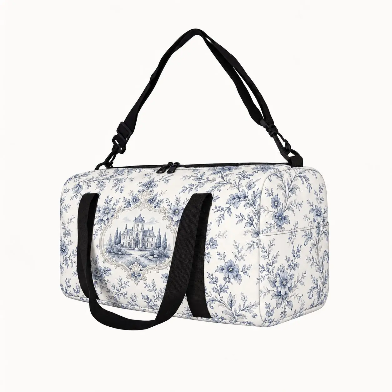 Blue Floral Print Duffel Bag for Men Women, Polyester Fabric with Dual Handles, Adjustable Shoulder Strap, Top Zipper Closure, Rounded Body and Side Pocket, for Overnight Stays, Road Trips, Campus Use, City Commutes, Hotel Stays and Weekend Getaways