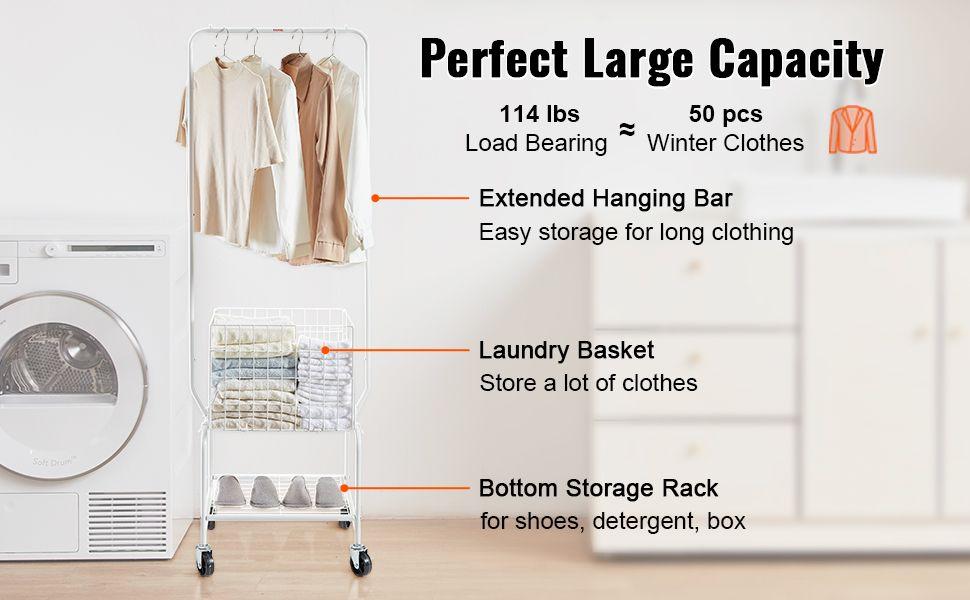 VEVOR Metal Rolling Laundry Basket with Hanging Garment Rack, Height Adjustment Laundry Hamper Cart with Basket Load and Shelf Load, Storage Organizer with Heavy Duty Lockable Wheels VEVOR Metal Rolling Laundry Basket with Hanging Garment Rack, Height Adjustment Laundry Hamper Cart with Basket Load and Shelf Load, Storage Organizer with Heavy Duty Lockable Wheels