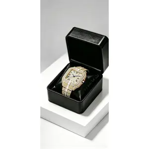 Unisex Fully Iced Square Gold Watch, 2 Dial Styles – Rainbow Color Roman Numerals & Blue Roman Markers, All Over Sparkling Crystals, Precise Quartz Movement, Trendy Hip Hop Wristwatch For Daily, Business & Party, Comes With Premium Black Leather Gift Box.