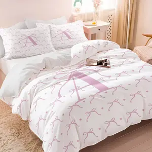 2/3Pcs Pink Bow Letter A-Z Print Duvet Cover Set, No Filler, Dreamy Princess Girly Bedding Set, Heart Ribbon Pattern Comforter Cover with Pillowcases, Ideal for Kids Girls, Teens’ Dorm & Cozy Bedroom Decor