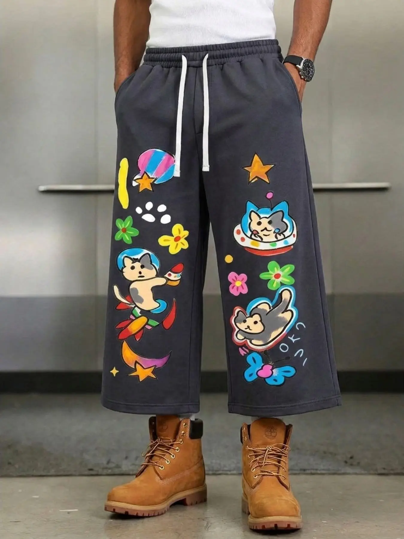 Loose Seven-Quarter Pants for Teens, Cute Space Astronaut Cat Print, Elastic Waist with Drawstring, Side Pockets, Y2K Street Style, Summer Casual Wear