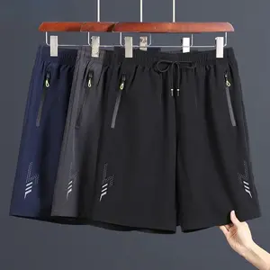 Men's Solid Quick Dry Shorts, Elastic Drawstring Waist with Zipper Pockets, Reflective Strip Stretch Shorts for Gym Training Outdoor Summer Casual Wear