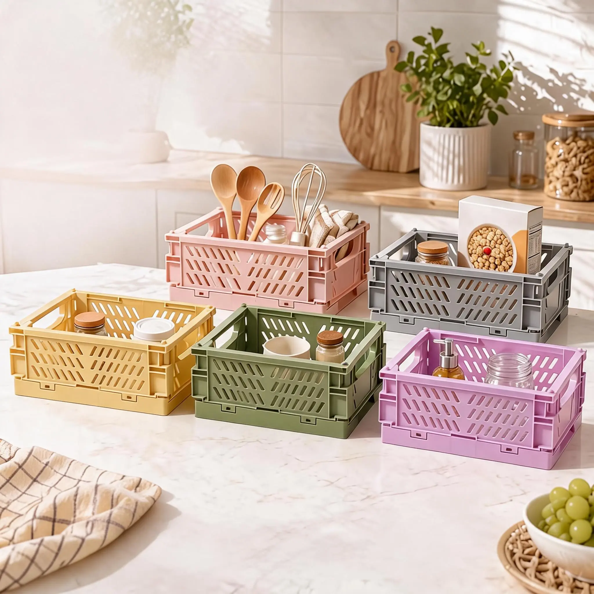 Collapsible Stackable Plastic Storage Baskets - Small Size Folding Easily Office Storage Bins, Mixed Colors Bulk Pack, 10/20/30 Pcs for School Organization