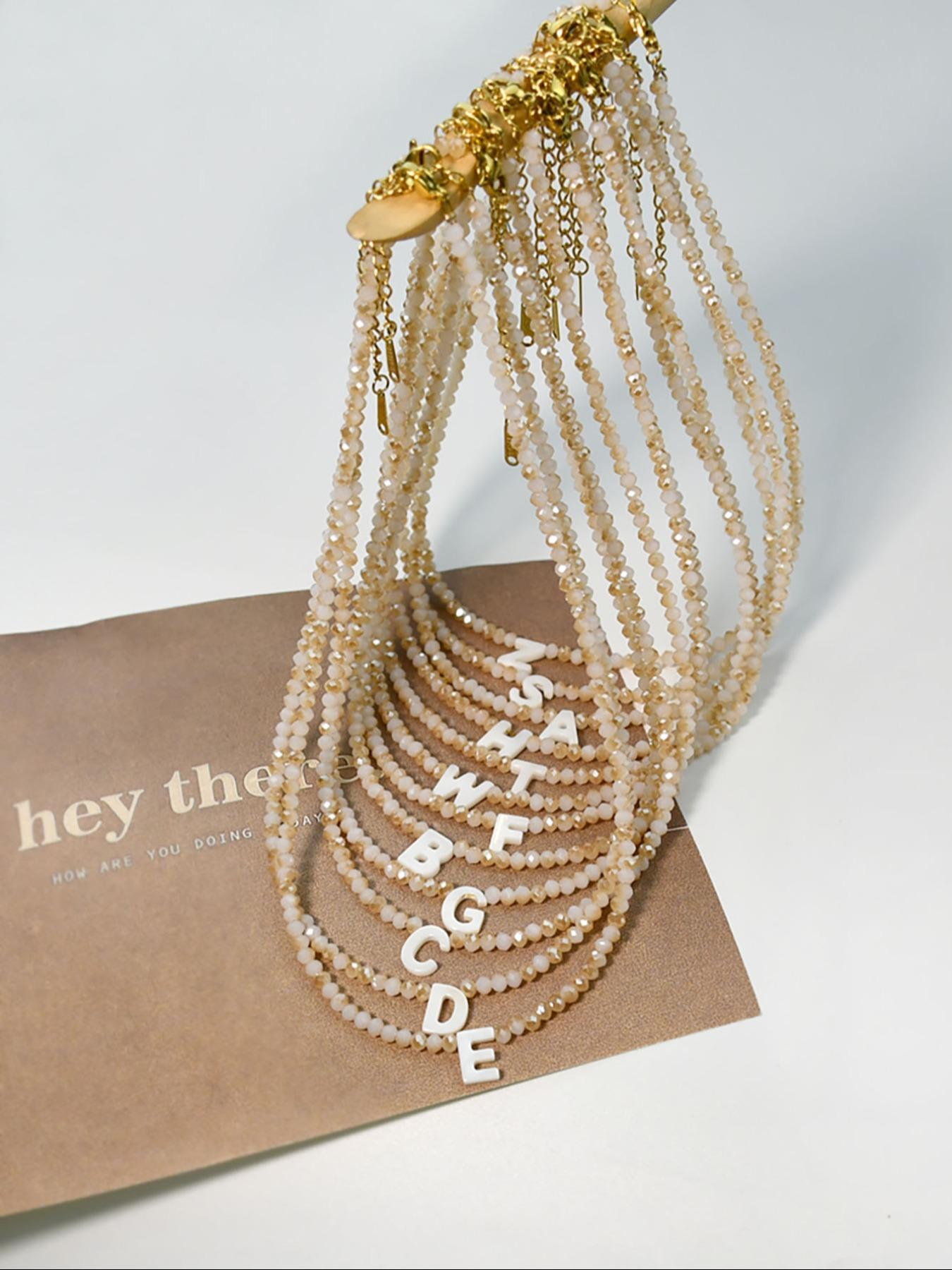 Elegant Shell Letter Pendant Necklace with Artificial Crystal Beaded Chain, Stylish Stainless Steel Jewelry, Perfect Fashion Accessory for All Seasons & Gifting