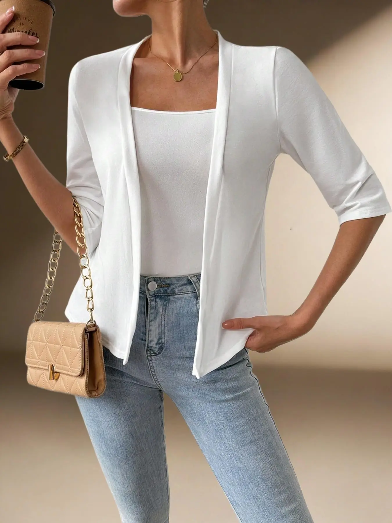 Women's Medium Sleeve Solid Color Minimalist Cardigan, Lightweight Breathable Slim Fit, Office Wear, Versatile Outerwear Top, Workwear, Fashionable and Comfortable